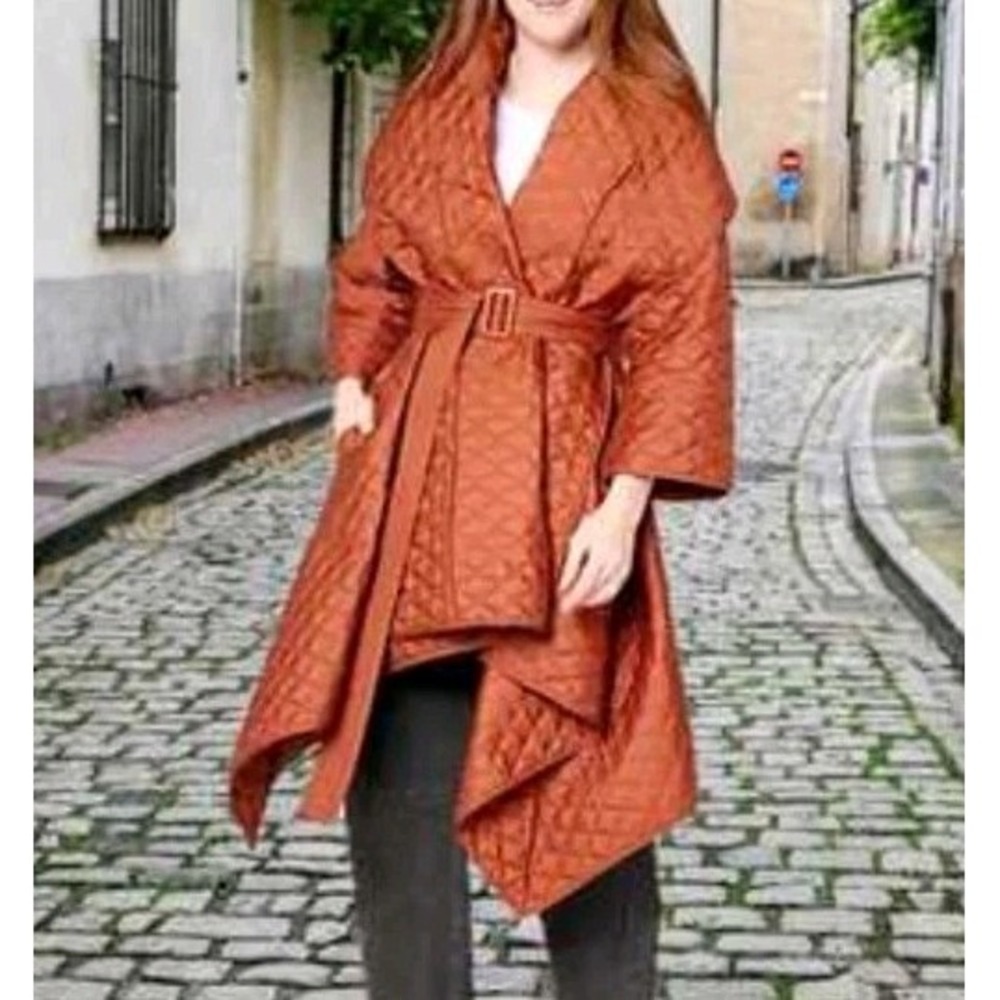 Carla Rockmore Quilted Puffer Collared Belted Wrap Coat Orange Rust Size MP